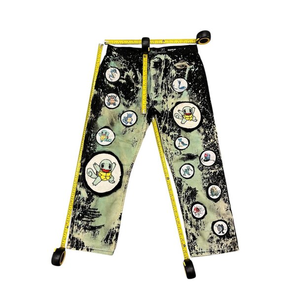 Hand-Painted Graphic Jeans With Pokemon-Themed Patches Green & Black Cotton Blen - Picture 3 of 3